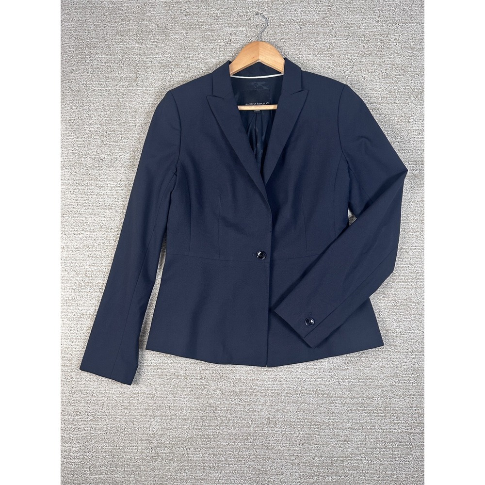 Banana Republic Womens Black Blue Wool Blend Single Button Blazer Jacket Size 6